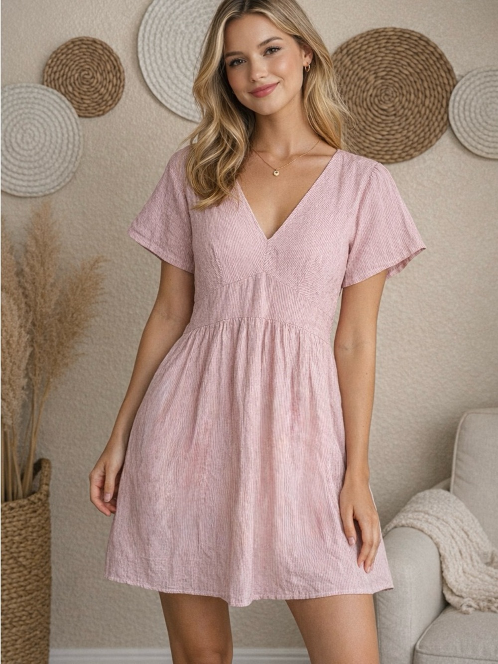 GAP Pink V-Neck Short Sleeve Mini Dress
